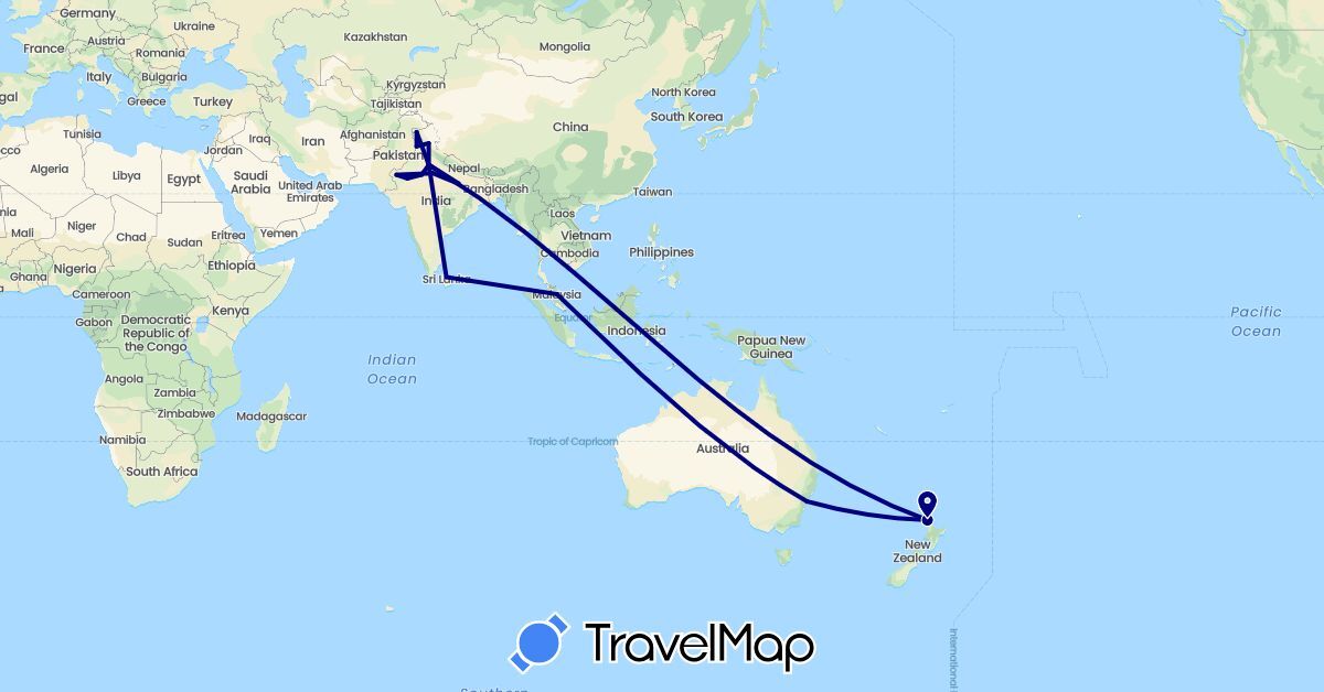 TravelMap itinerary: driving in Australia, India, Sri Lanka, Malaysia, New Zealand (Asia, Oceania)