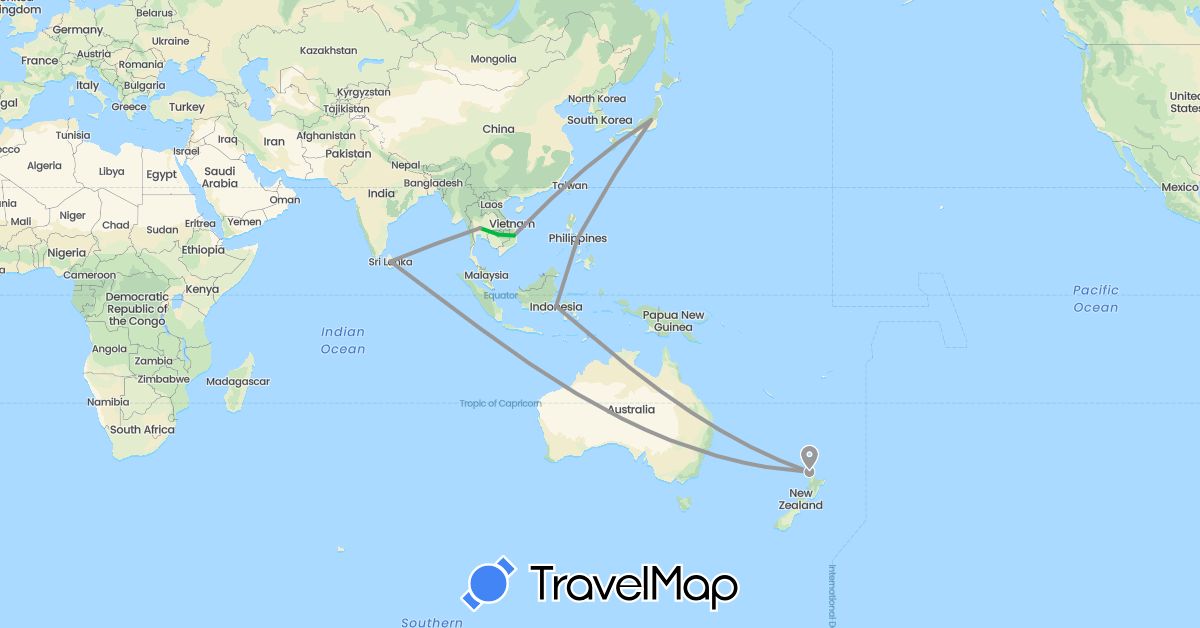 TravelMap itinerary: driving, bus, plane in Indonesia, Japan, Cambodia, Sri Lanka, New Zealand, Philippines, Thailand, Vietnam (Asia, Oceania)